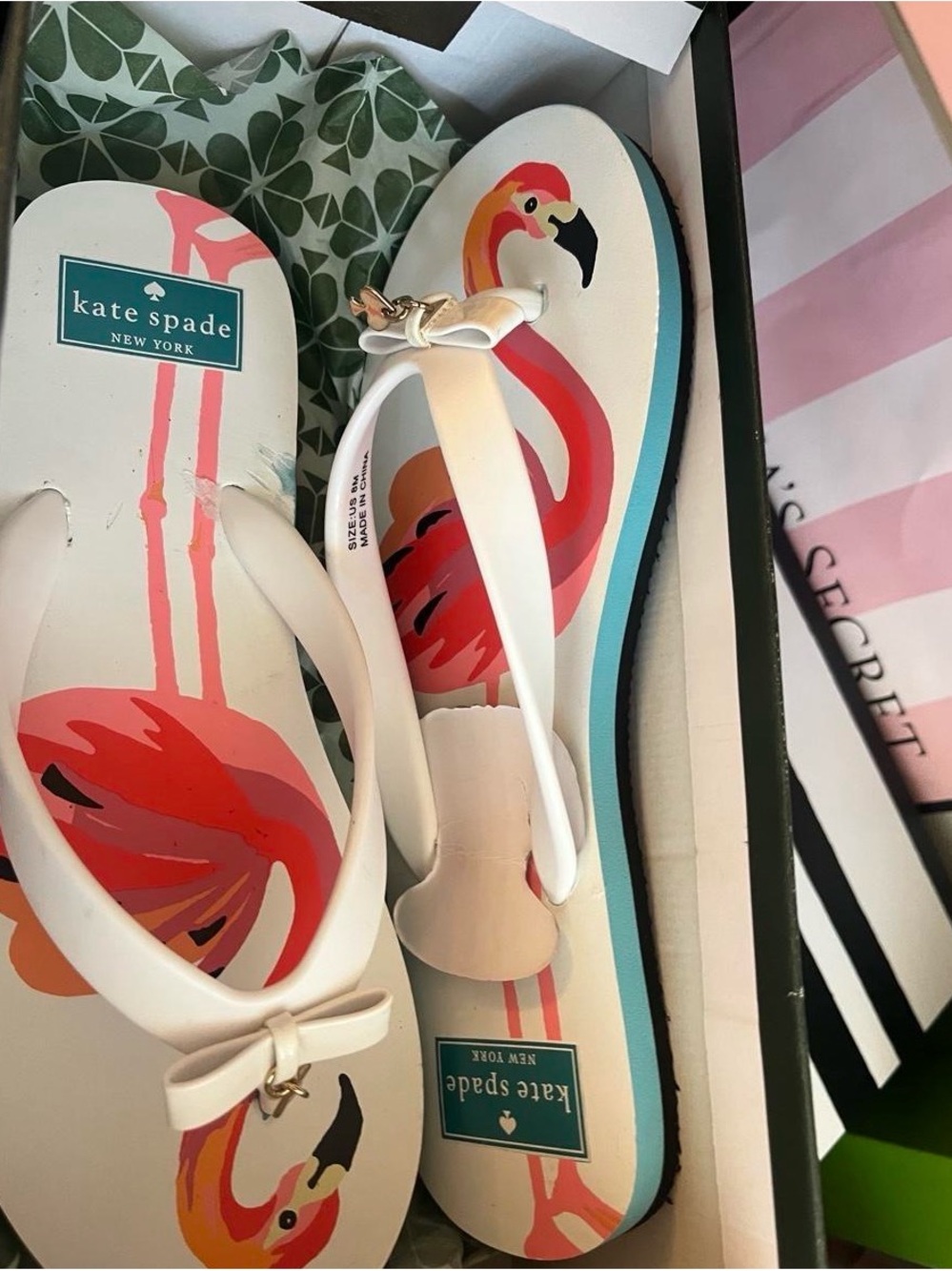 kate spade White Flip Flops with Pink & Coral Flamingo Print with original box.